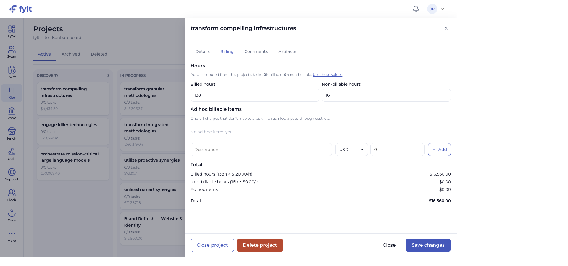 fylt Kite project billing tab with billable hours, non-billable hours, ad hoc items, and total