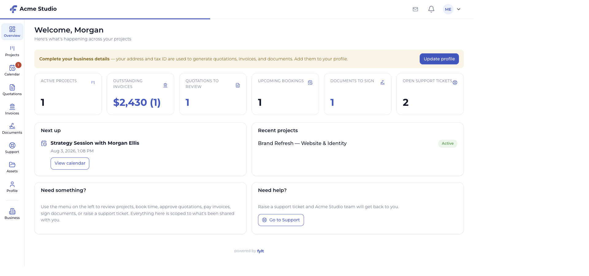 fylt Workspace client overview with active projects, invoices, quotations, bookings, documents, and support