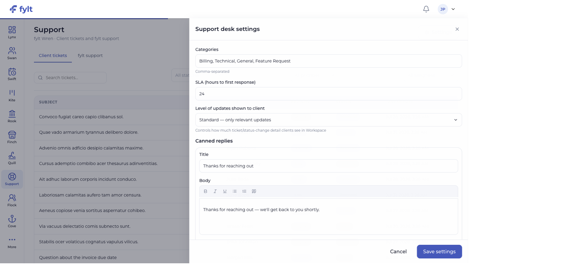 fylt Wren support desk settings with categories, SLA, client update level, and canned reply controls