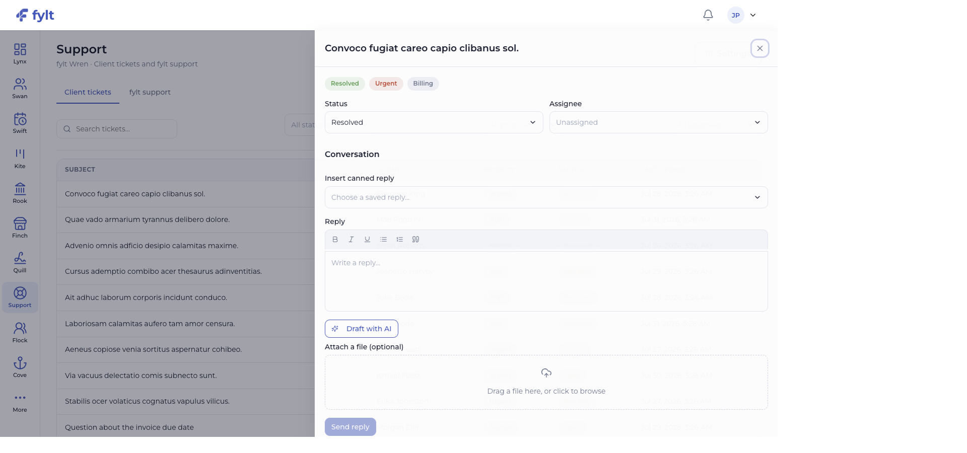 fylt Wren ticket drawer with status, assignee, canned reply, rich text reply, AI drafting, attachment, and send controls